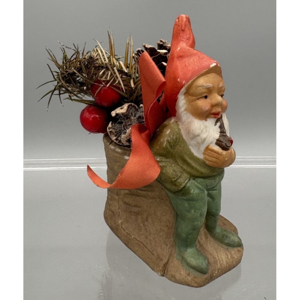 Vintage Bisque Gnome Sitting on a Log Planter Decor Made in Japan Statue